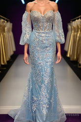 Light Blue Off-Shoulder Floral Appliques Mermaid Long Semi Formal Prom Dress